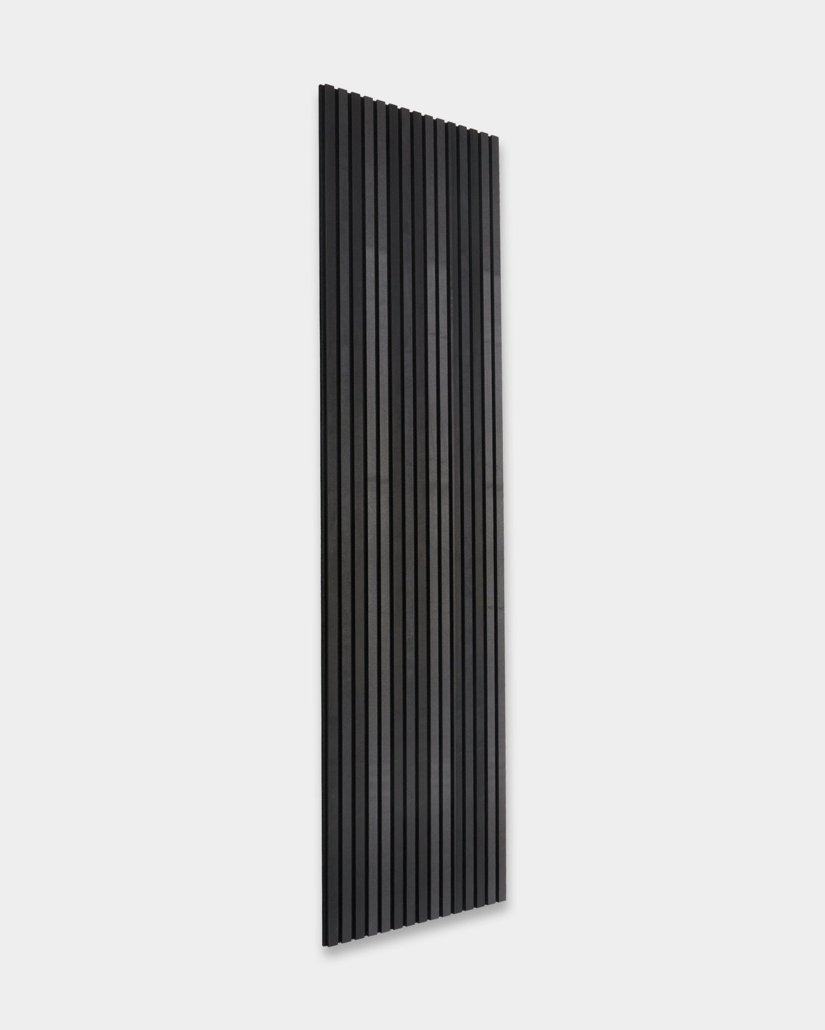 WoodUpp Akupanel Black Ash, 240x60 cm acoustic wood panel with vertical Scandinavian slats, displayed on a light gray background.